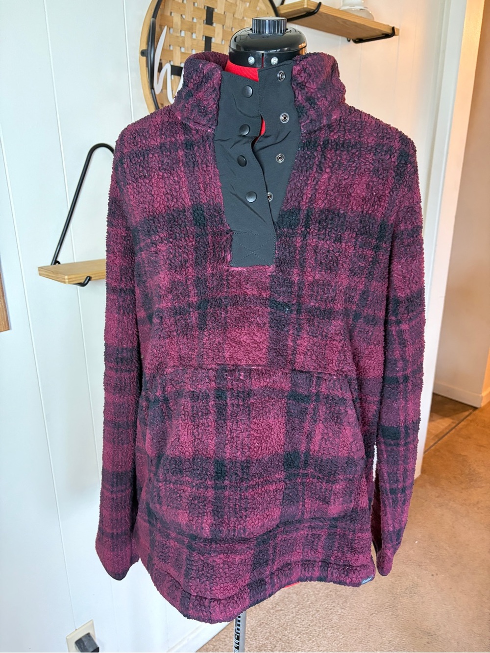 Eddie Bauer Burgundy and Black Plaid Teddy Pullover Jacket